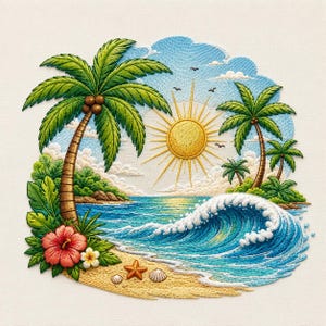 May include: Embroidered tropical beach scene featuring palm trees, a bright yellow sun, and a crashing wave. The artwork includes a sandy beach with seashells and a red hibiscus flower. The sky is blue with fluffy white clouds.