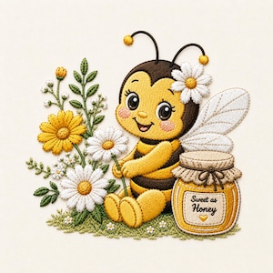 Può includere: Ricamo di un'ape dei cartoni animati con una margherita tra i capelli, che tiene un fiore e seduta accanto a un barattolo di miele. Il barattolo ha la scritta "Sweet as Honey". L'ape è gialla e marrone, con ali bianche, ed è circondata da fiori.