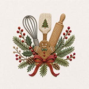 Christmas Baking Embroidery Design, Gingerbread Cookie Kitchen Tools, Holiday Machine Embroidery Pattern File