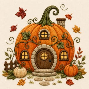 Puede incluir: Un diseño de bordado que muestra una gran calabaza naranja con forma de casa, con una puerta arqueada marrón, escalones de piedra y tres ventanas iluminadas. La escena incluye un tallo verde, una pequeña chimenea, una valla y hojas de otoño.