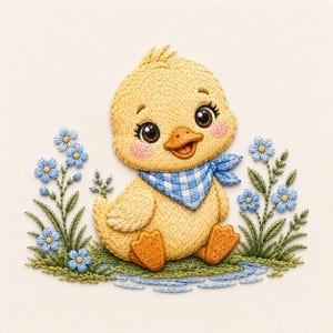 May include: An embroidered patch featuring a yellow duckling with large brown eyes, pink cheeks, and an orange beak. The duckling wears a blue and white checkered bandana. It is surrounded by small blue flowers with green stems and leaves.
