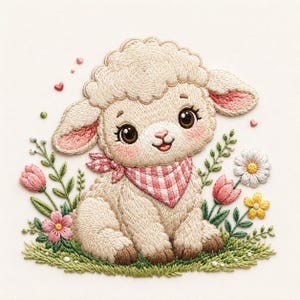 Può includere: Immagine ricamata di un simpatico agnello con una sciarpa a scacchi rosa e bianca, circondato da fiori e verde. L'agnello ha gli occhi marroni ed è seduto su un pezzo di erba verde. L'immagine ha un aspetto morbido e strutturato.