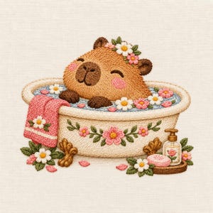Può includere: Un ricamo raffigurante un capibara marrone che si rilassa in una vasca da bagno bianca con piedini, riempita d'acqua blu e fiori bianchi e rosa. Un asciugamano rosa pende dal bordo e un dispenser di sapone poggia su un vassoio di legno.