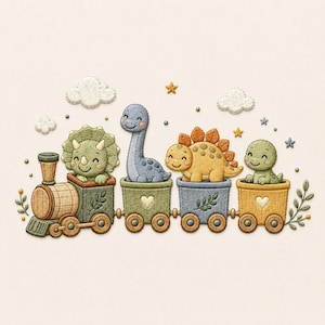 Diseño de bordado de tren de dinosaurios adorable, archivo de bordado a máquina de dinosaurios bebés, patrón de guardería de triceratops, brontosaurio y estegosaurio.