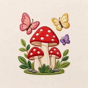 May include: An embroidery design featuring three red mushrooms with white spots on cream-colored fabric. The central mushroom is the largest, flanked by two smaller ones. Three butterflies in pink, yellow, and purple hover above, surrounded by green leaves.