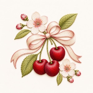 Puede incluir: Obra de arte bordada con tres cerezas rojas con tallos verdes, rodeadas de flores blancas, hojas verdes y una cinta color crema atada en un lazo. El diseño está sobre un fondo blanco.