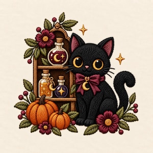 May include: An embroidered design featuring a black cat with large golden eyes wearing a dark pink bow with a gold crescent moon charm. Beside the cat is a wooden shelf holding three glass potion bottles, two orange pumpkins, and dark red flowers.