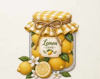 Desenho de bordado de pote de limão, conservas de frutas cítricas, decoração de cozinha, limão fresco, fazenda, verão, arte culinária