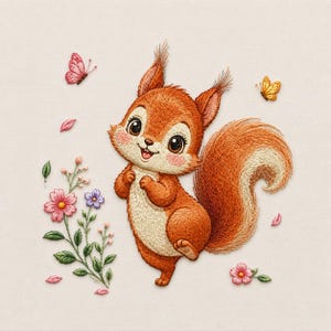 以下が含まれることがあります： ふわふわの尻尾を持つ陽気なリスの刺繍画像。花と蝶の近くに立っています。リスは茶色の毛皮、大きな目、バラ色の頬をしています。ピンクと黄色の蝶がリスと花の周りを飛び回っています。