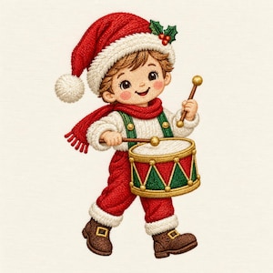 Puede incluir: Una ilustración bordada de un niño con un gorro de Papá Noel rojo con un pompón blanco, una bufanda roja, un suéter blanco y pantalones rojos con tirantes verdes. El niño toca un tambor rojo y verde con adornos dorados usando dos baquetas.