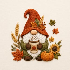 May include: An embroidered gnome wearing a rust-colored hat adorned with wheat and autumn leaves. The gnome holds a tan coffee cup with a maple leaf design, surrounded by wheat stalks, orange maple leaves, a sunflower, and a small pumpkin.