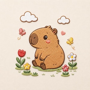 Op de afbeelding: Een geborduurde patch met een bruine capibara die op groen gras zit, omringd door twee witte wolken, een klein roze hartje, een rode vlinder, een gele vlinder en diverse kleurrijke bloemen, waaronder rode, gele en witte bloesems.