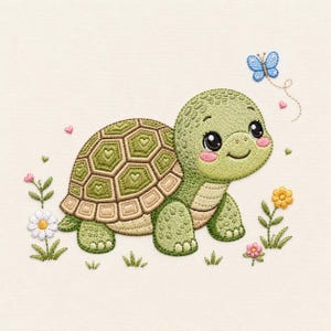 Op de afbeelding: Een borduurontwerp met een lichtgroene schildpad met een patroon op het schild, omringd door kleine bloemen, kleine hartjes en een blauwe vlinder. De schildpad heeft grote zwarte ogen en roze wangen, gedetailleerd geborduurd op een crèmekleurige achtergrond.