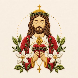 May include: Embroidered image of a religious figure with long brown hair, a beard, and a crown of thorns. The figure wears a red robe and holds a flaming heart. White flowers and green leaves frame the image, with a gold cross at the bottom.