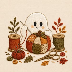 May include: An embroidery design featuring a white ghost with black eyes and pink cheeks holding a needle and stitching a patchwork pumpkin. The scene includes two spools of thread, a red pincushion, scissors, buttons, and autumn leaves.