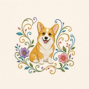 Puede incluir: Un diseño bordado que presenta un perro Corgi de color canela y blanco sentado en el centro. El perro está rodeado por un marco circular de enredaderas coloridas, hojas verdes y pequeñas flores moradas y rosas sobre tela color crema.