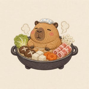 Puede incluir: Un diseño bordado de un capibara marrón con una toalla blanca en la cabeza, relajándose en una olla gris oscuro llena de caldo caliente, lechuga verde, setas shiitake, cubos de tofu, rodajas de zanahoria naranja y trozos de carne.