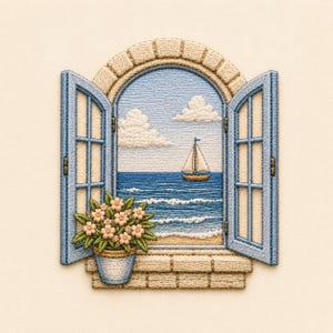 May include: An embroidered wall hanging depicting an open arched window with blue frames, overlooking a blue ocean with a sailboat, white clouds, and a sandy beach. A potted plant with pink flowers sits on the stone windowsill below the window.