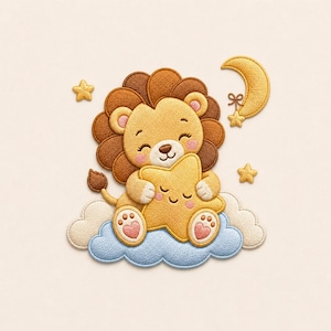 May include: An embroidered lion cub with a brown mane and yellow body, embracing a yellow star. The lion sits on a blue cloud, with a yellow crescent moon and stars in the background. The design is soft and whimsical, suitable for nursery decor.