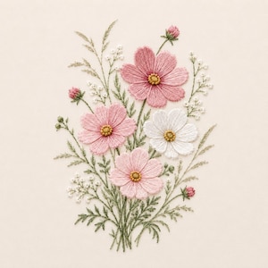 May include: A hand-embroidered floral design featuring three large pink cosmos flowers, one white cosmos flower, and several small pink buds. The arrangement includes delicate green stems, thin leaves, and tiny white filler flowers on a cream fabric.
