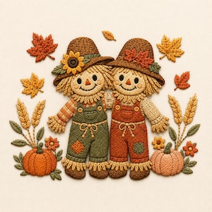 May include: An embroidered patch featuring two scarecrows standing side-by-side, wearing hats and overalls. The scene is decorated with autumn elements including orange and yellow maple leaves, stalks of wheat, small flowers, and two pumpkins.