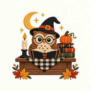 Puede incluir: Un parche bordado que muestra un búho marrón con un sombrero de bruja negro y gafas redondas, leyendo un libro. Junto al búho hay una vela encendida, una pila de tres libros con una calabaza naranja encima y una luna creciente con estrellas.