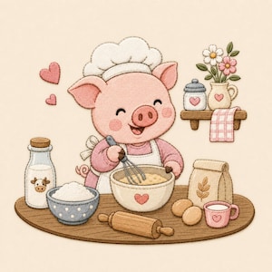 Puede incluir: Una ilustración bordada de un cerdo rosa con gorro y delantal de chef blancos, batiendo masa en un cuenco. La escena incluye una botella de leche con cara de vaca, un cuenco con harina, un rodillo, huevos, una bolsa de harina y flores.