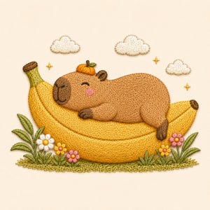 May include: An embroidery art piece featuring a brown capybara with a small orange on its head, resting on a large yellow banana. The scene includes green grass, colourful flowers, three white clouds, and small yellow stars against a cream background.