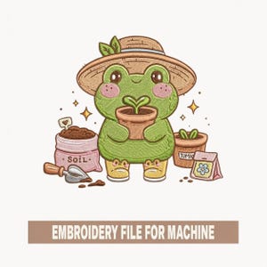 Simpatico disegno per ricamo di una rana giardiniera, rana kawaii amante delle piante con vaso, file per ricamo a macchina per giardino primaverile