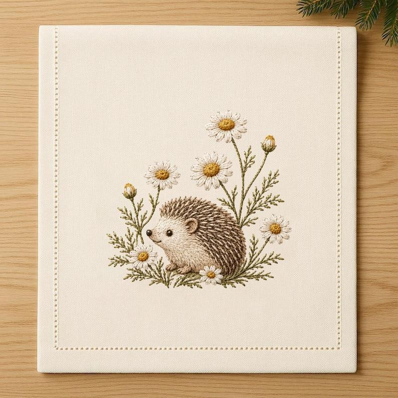 May include: A square off-white fabric napkin featuring an embroidered design of a small brown hedgehog surrounded by white daisies with yellow centers and green stems. The napkin has a decorative stitched border along its four edges.