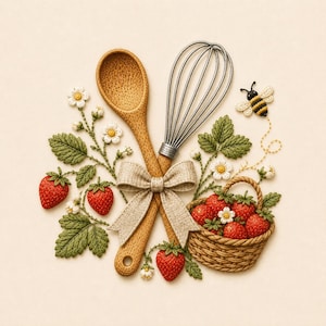 Puede incluir: Una cuchara de madera y un batidor de metal atados con un lazo de tela beige, rodeados de plantas de fresa bordadas con bayas rojas, flores blancas, hojas verdes, una pequeña cesta de mimbre llena de fresas y una abeja volando.