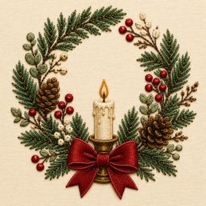 May include: An embroidery design featuring a circular wreath of green pine needles, brown pinecones, red berries, and white berries. A central cream-colored candle with a yellow flame sits in a gold holder, accented by a large red fabric bow.