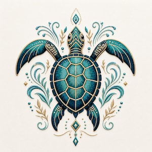 May include: A teal and gold sea turtle illustration featuring a symmetrical shell pattern, ornate filigree swirls, and small leaf motifs. The design incorporates geometric diamond shapes above and below the turtle, with small dots and stars.