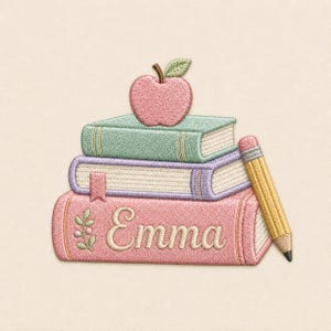 May include: An embroidered patch featuring a stack of three books topped with a pink apple. The bottom book is pink with the name Emma embroidered in script, the middle is white, and the top is light green. A yellow pencil rests on the right side.