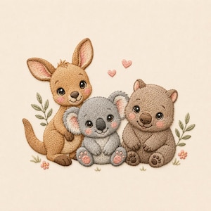 May include: An embroidery design featuring a tan kangaroo, a grey koala, and a brown wombat sitting together. The animals have large eyes, pink cheeks, and are surrounded by small green leaf sprigs, tiny pink flowers, and two small pink hearts.