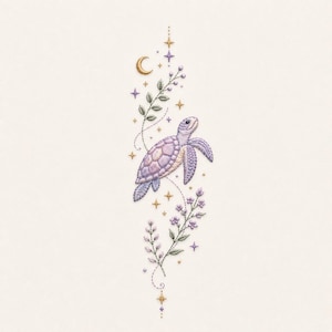 Könnte beinhalten: Ein Stickdesign mit einer hellvioletten Meeresschildkröte, die nach oben schwimmt, umgeben von zarten grünen Ranken, kleinen violetten Blüten, einer goldenen Mondsichel und mehreren vierzackigen Sternen in goldenen und violetten Garnfarben.