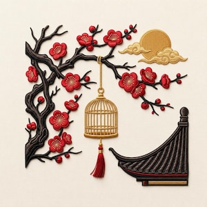 May include: An embroidered design featuring a black tree branch with red flowers, a gold birdcage, and a traditional Asian roof. A gold sun and clouds are also present. The design is set against a cream background.