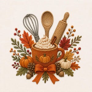 May include: An embroidered design featuring a mug filled with whipped cream and a cinnamon stick, surrounded by a whisk, wooden spoon, rolling pin, orange and white pumpkins, pinecones, acorns, autumn leaves, berries, and a large orange bow.