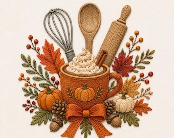 May include: An embroidered design featuring a mug filled with whipped cream and a cinnamon stick, surrounded by a whisk, wooden spoon, rolling pin, orange and white pumpkins, pinecones, acorns, autumn leaves, berries, and a large orange bow.