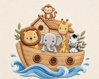Noah’s Ark Embroidery Design, Cute Safari Animals Boat Machine Embroidery File, Baby Nursery Animal Art