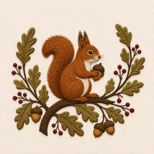 May include: An intricate embroidery design featuring a brown squirrel with a bushy tail holding an acorn. The squirrel is perched on a curved branch adorned with detailed green oak leaves, small red berries, and several brown acorns.