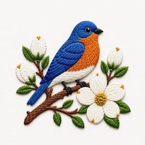 Può includere: Ricamo di un uccello azzurro posato su un ramo marrone con fiori bianchi e foglie verdi. L'uccello ha piume blu, petto arancione e becco nero. I fiori hanno centri gialli.