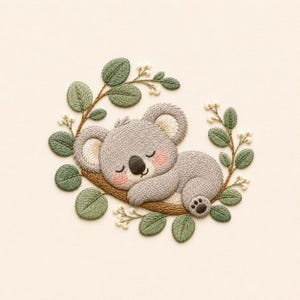 Könnte beinhalten: Ein Stickdesign mit einem schlafenden grauen Koala mit rosa Wangen, der auf einem braunen Ast ruht. Der Koala ist von einer kreisförmigen Anordnung aus grünen Eukalyptusblättern und kleinen weißen Blütenknospen auf beigem Stoff umgeben.