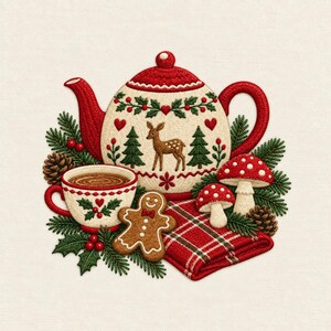 May include: An embroidered design featuring a cream-coloured teapot with a red lid and handle, decorated with a deer, pine trees, and hearts. Beside it sits a teacup with holly, a gingerbread man, two red-and-white mushrooms, and a red plaid cloth.