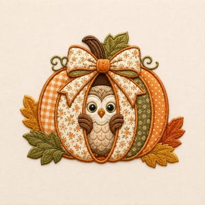 Può includere: Una toppa ricamata raffigurante un gufo centrale che spunta da una zucca. La zucca presenta segmenti con motivi a quadretti arancioni, floreali bianchi e a pois arancioni, sormontata da un grande fiocco floreale e circondata da foglie verdi e arancioni.