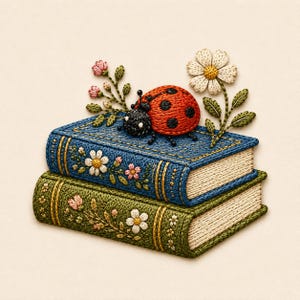 May include: An embroidery art piece featuring two stacked books with blue and green covers, decorated with stitched floral patterns. A red ladybug with black spots rests on the top book, accompanied by embroidered white and pink flowers.