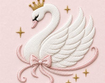 プリンセススワンの刺繍デザイン、クラウンスワンの刺繍ファイル、エレガントな白鳥のミシン刺繍パターン、おとぎ話の白鳥