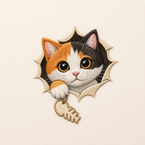 Peut inclure: Un écusson brodé représentant un chat calico aux grands yeux marron qui passe la tête par un trou en forme d'étoile aux bords dentelés. Le chat a un pelage orange, noir et blanc, et une patte étendue tient une breloque en forme d'arête de poisson.