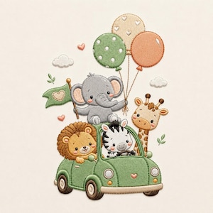 May include: An embroidery design featuring a green car driven by a zebra, with a lion in the passenger seat and a giraffe beside it. A gray elephant sits on the roof holding a green flag with a heart and three balloons in green, peach, and cream.