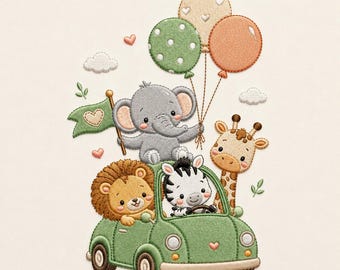 Safari Animals Car Embroidery Design, Cute Elephant Lion Zebra Giraffe in Car, Baby Nursery Machine Embroidery File